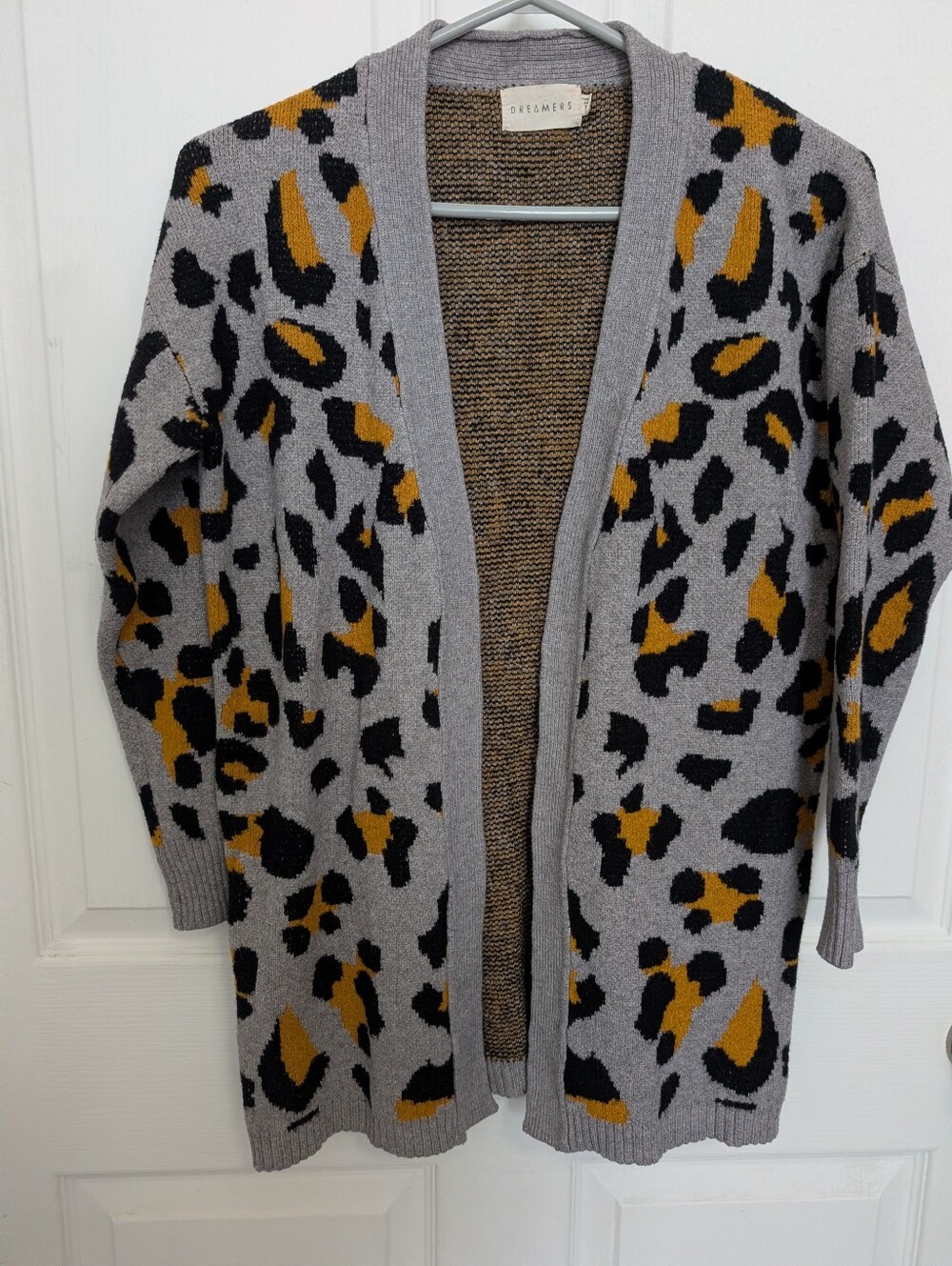 Gray Leopard Print Open Front Sweater Cardigan - Dreamers